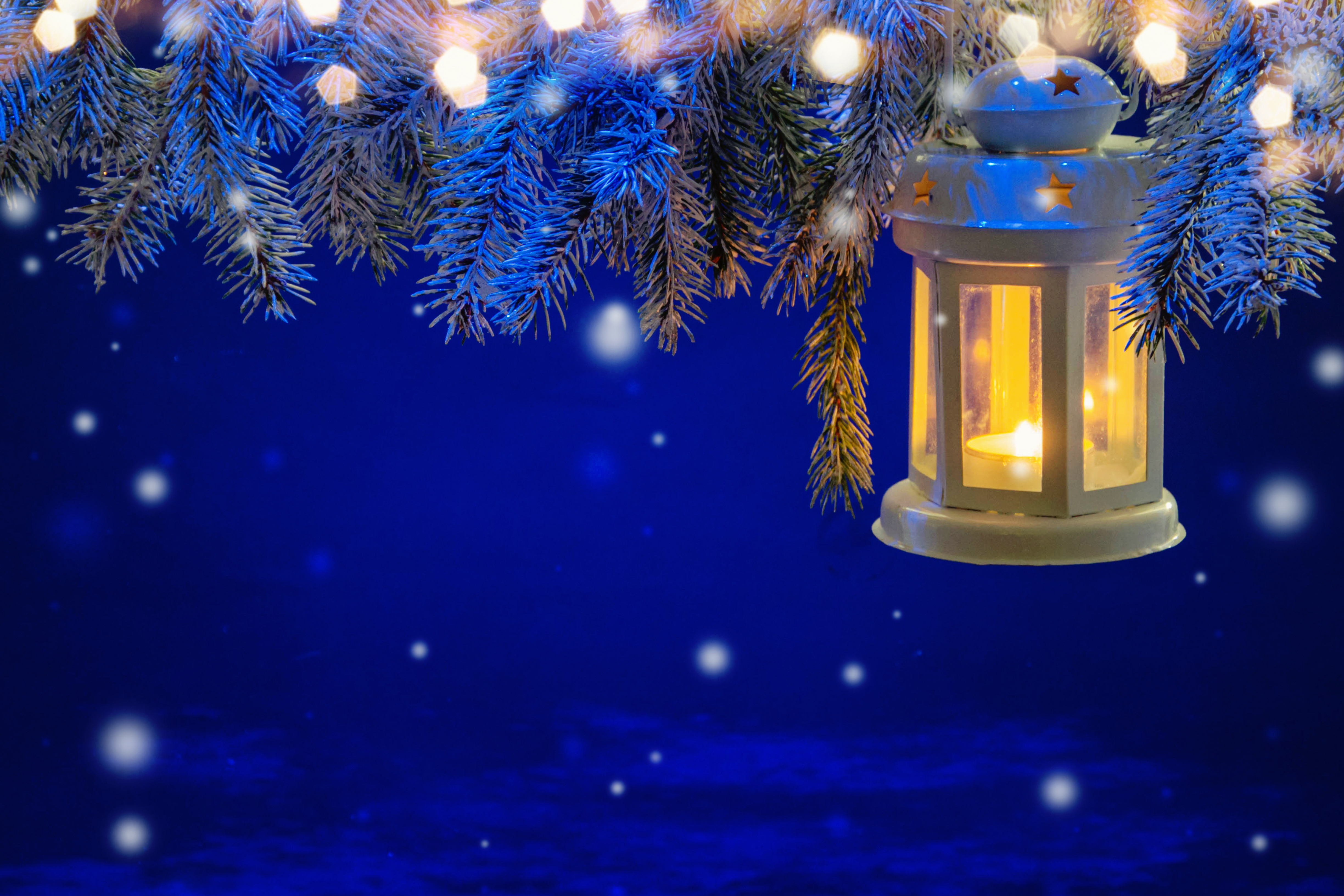 lantern on pine tree in the falling snow