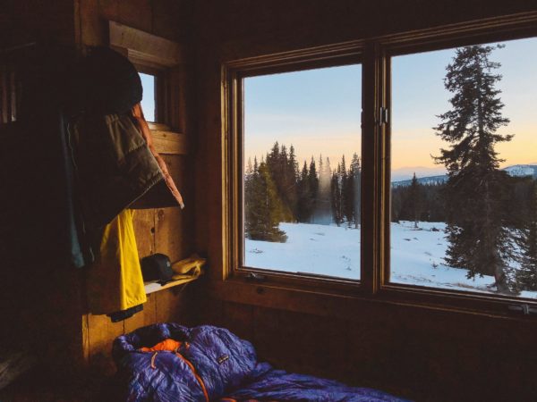 winter gear in a mud room