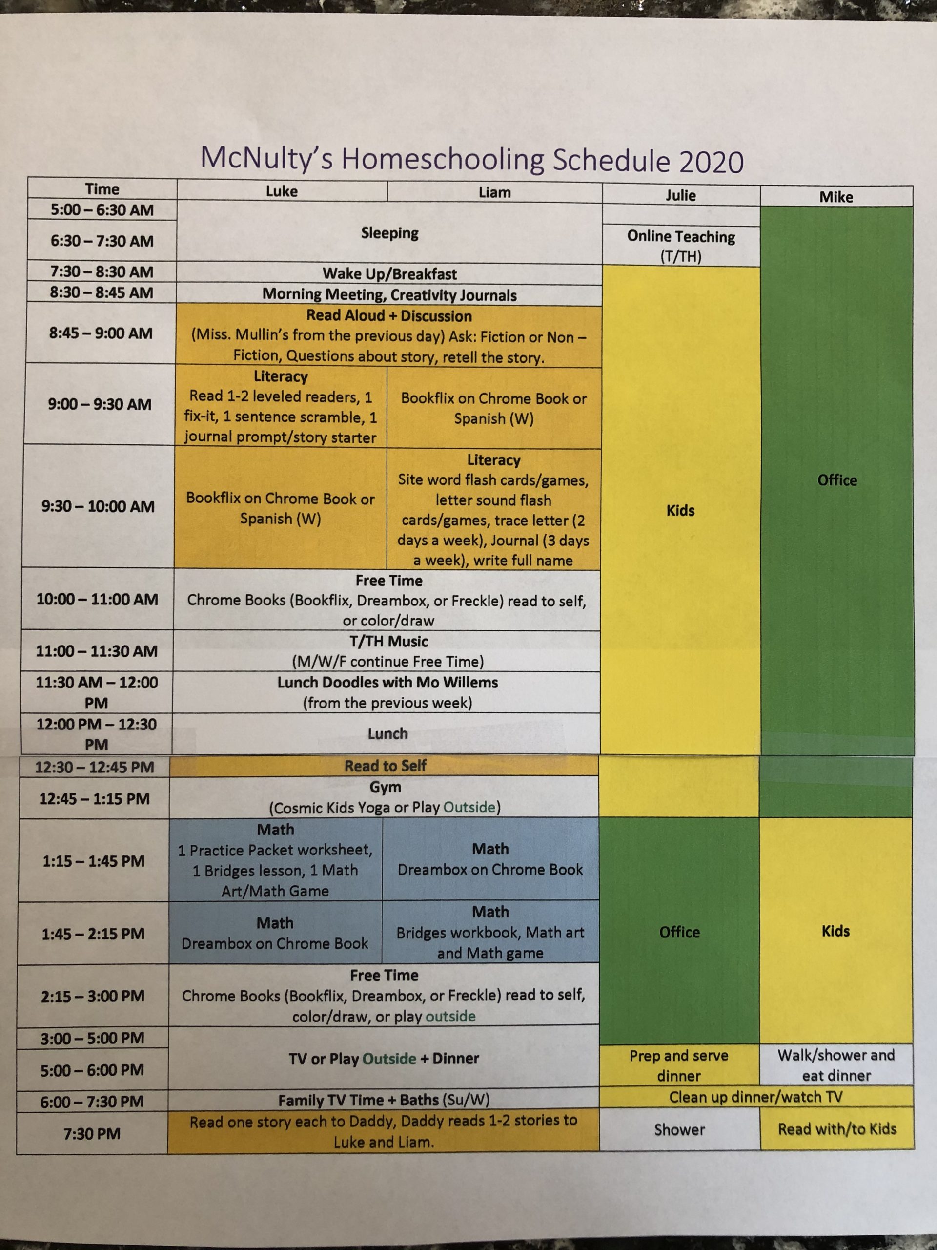 Vermont schools will be closed so I made a schedule for at home learning