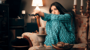 a woman watches TV after her kids are in bed