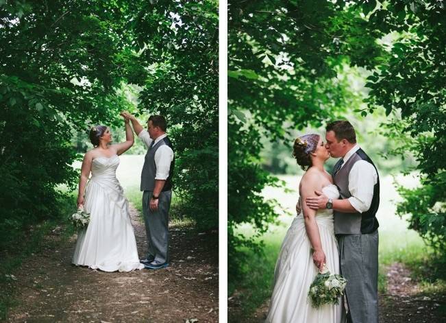 A bride and groom in the woods