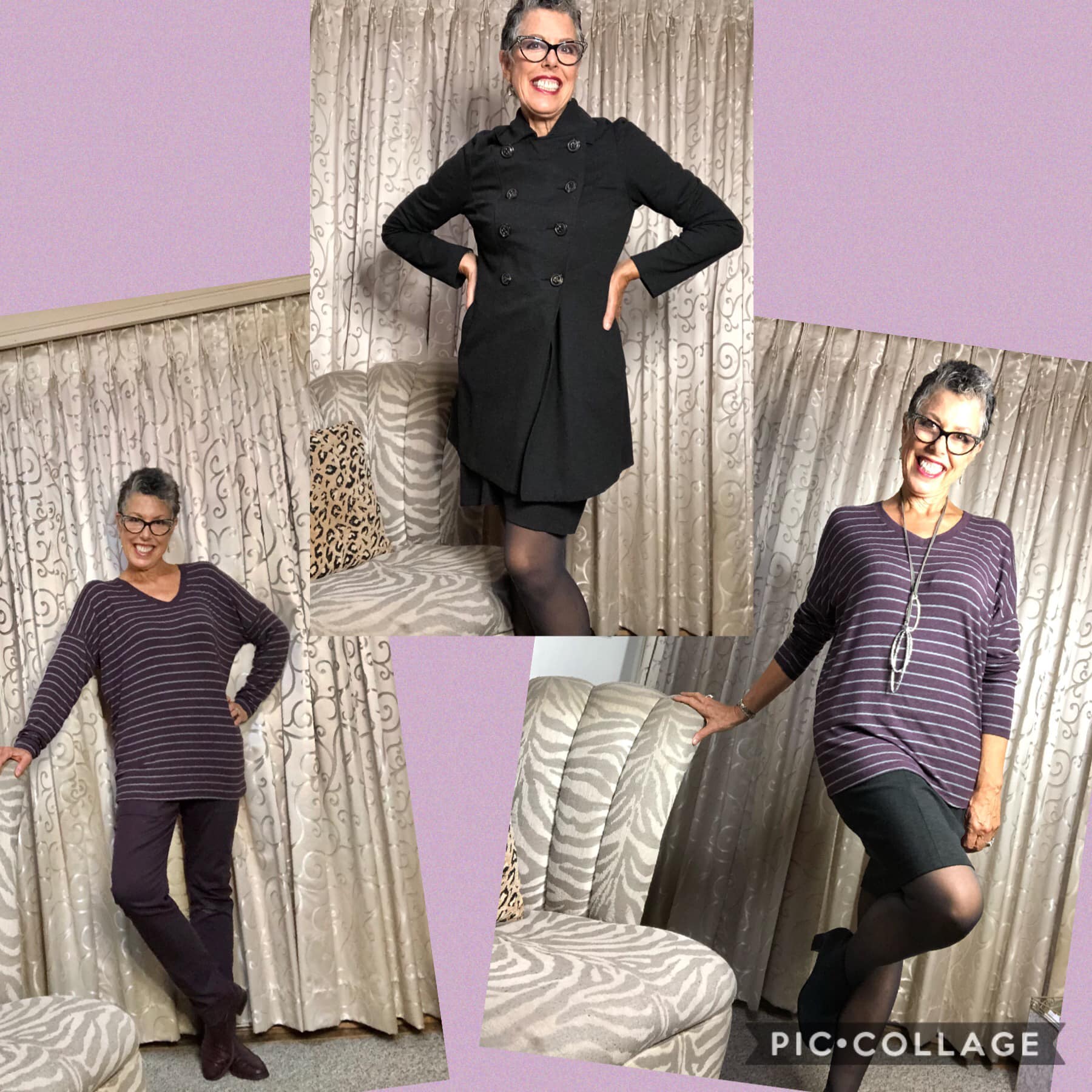 woman in three outfits with shared clothing components