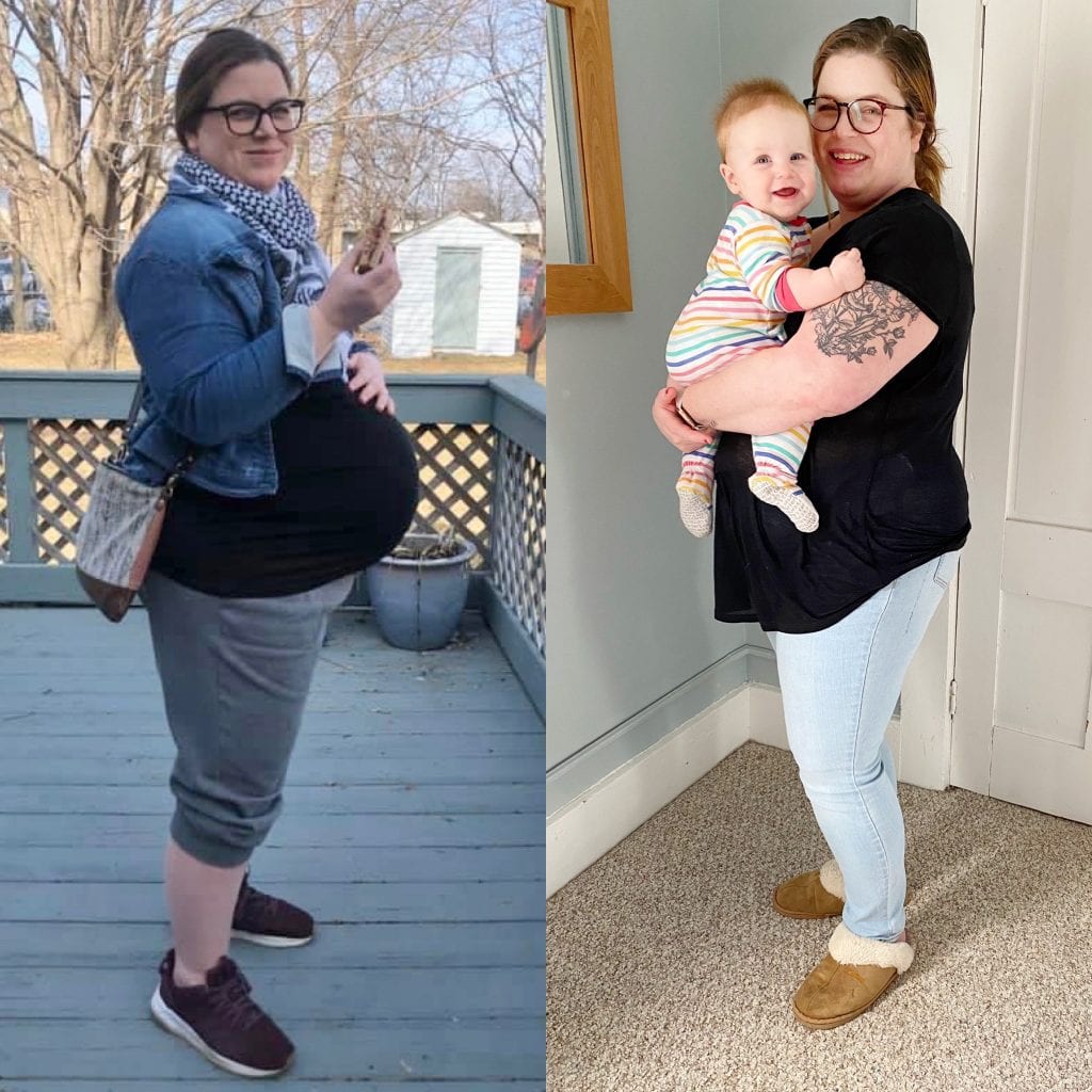 A diptych with a pregnant woman on the left, and the same woman holding a baby on the right.