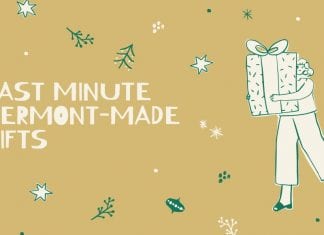 My Favorite Last-Minute Vermont Gifts for Grown-Ups of all Ages a whimsical cartoon of a woman carrying gifts