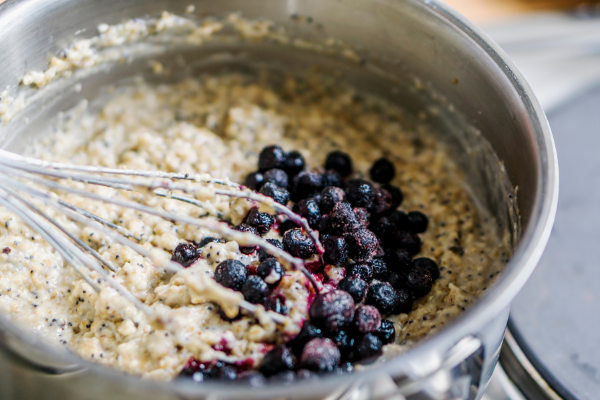 mixing bowl filled with pancake mixture