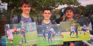 Hey There, Moms of High School Seniors Three boys stand in a line after a soccer game, sweaty and happy, holding pictures honoring them for Senior Night.