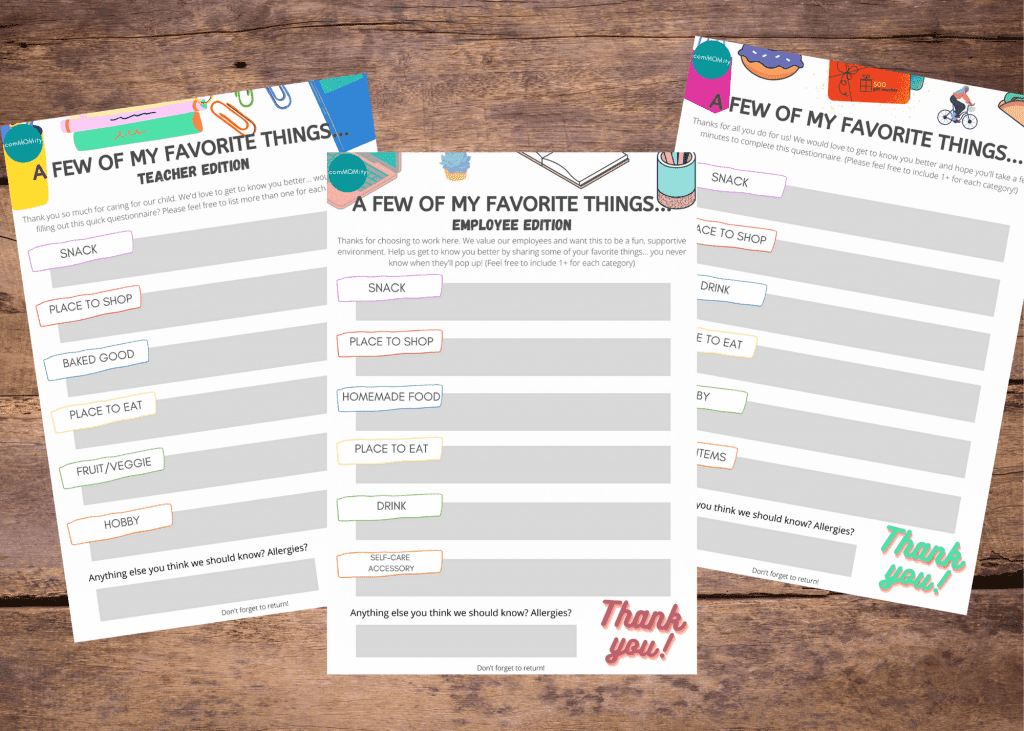 Three "A Few of My Favorite Things" worksheets displayed on hardwood