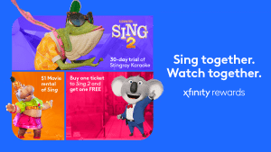 Image of characters from Sing 2 in an ad for Xfinity Rewards