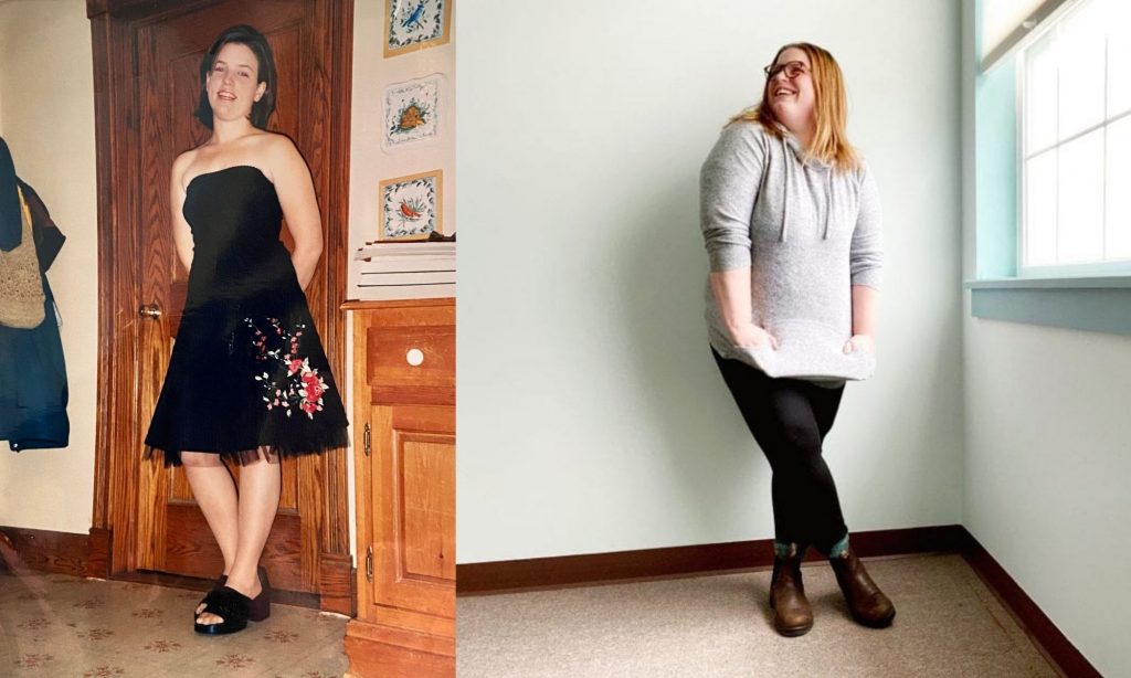 two photos of a woman, one, at age 17 and one at roughly age 32