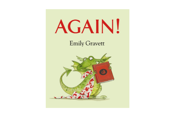 Book cover for Again! A drawing of a dragon holding a book.