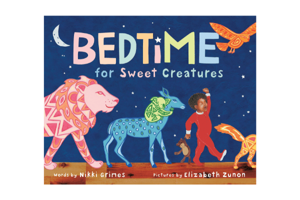 Book cover of Bedtime For Sweet Creatures. A night sky with a parade of animals and a child in pajamas.