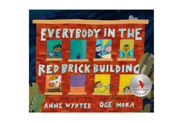 Book Cover For Everybody In The Red Brick Building. A drawing of a brick building with people in the windows.
