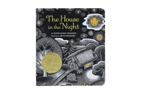 Book cover for The House In The Night. Black and white drawing of a landscape with some touches of gold, including a house and the moon.