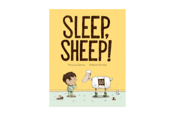 Book cover for Sleep, Sheep. A drawing of a child and a sheep looking at each other.