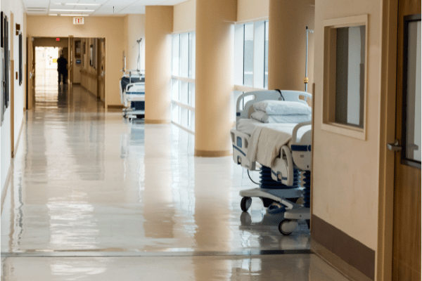 empty, beige hospital hallway