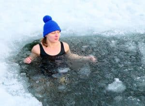 Woman breathing deeply while submerged in ice water