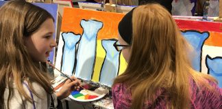 Burlington Paint and Sip Saves Summer with Paint and Create Kids’ Camp! girls chatting while painting