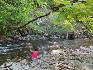 Little girl playing with rocks by the riverside