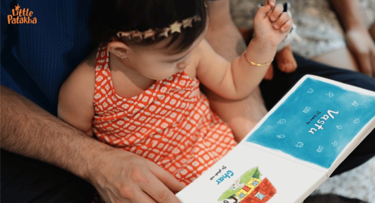 parent reading a LIttle Patakha book to a toddler