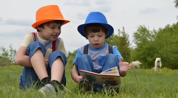 Two little boys wearing hats are sitting in a field of grass. One is reading a book to the other one.