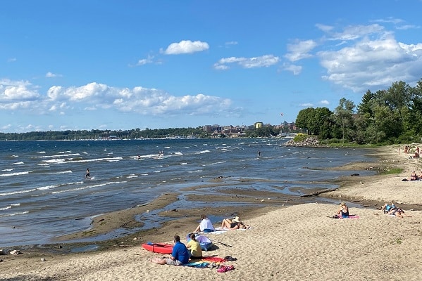 A sandy beach with windy blue waters, kayaks, a kitesurfer, and the Burlington city shoreline in the background.