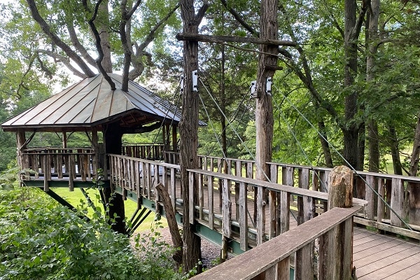 A flat wooden ramp to accommodate wheelchairs leads to a treehouse pavilion under the canopy.