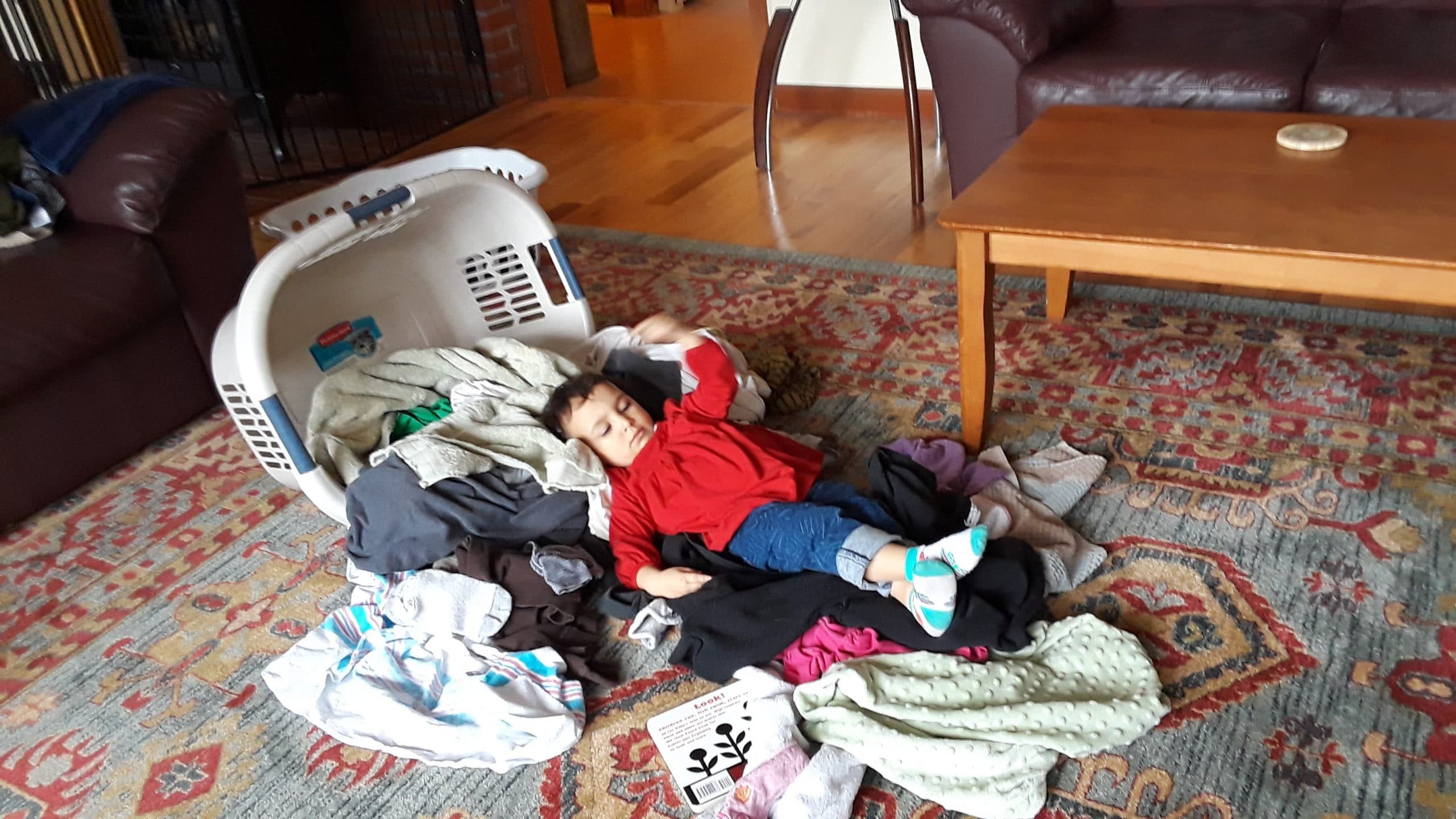 Toddler relaxing on a pile of strewn about laundry