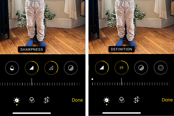 Screen shots showing how to adjust sharpness and definition on an iPhone