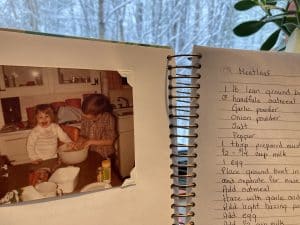 Picture of cookbook with recipe on right page and photo of child making recipe on left