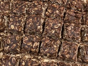No-bake chocolate, peanut butter, oat "Cookie Monster" squares