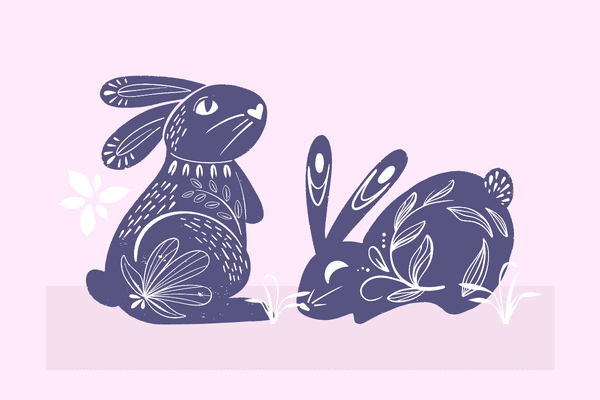 purple drawing of bunnies in folk art style