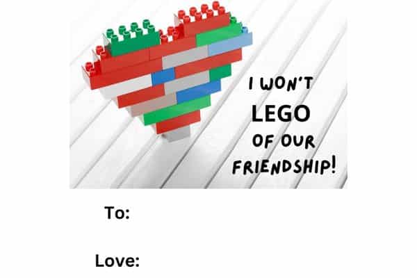 preschool valentine card with a lego heart that says I Won't lego of our friendship!