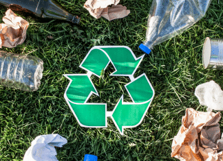 Teaching My Kids About Recycling Recycling symbol with garbage on grass.
