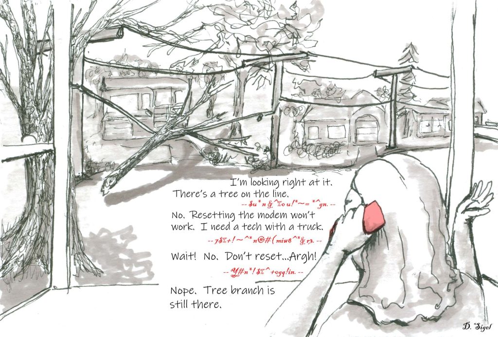 drawing of a woman on the telephone telling the person she is speaking with about a tree on her telephone line, interrupting service.