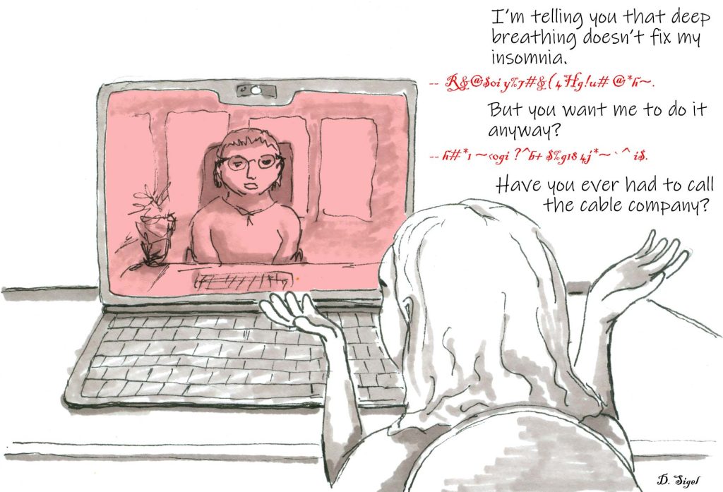 Drawing of a woman speaking to her therapist on a telehealth call