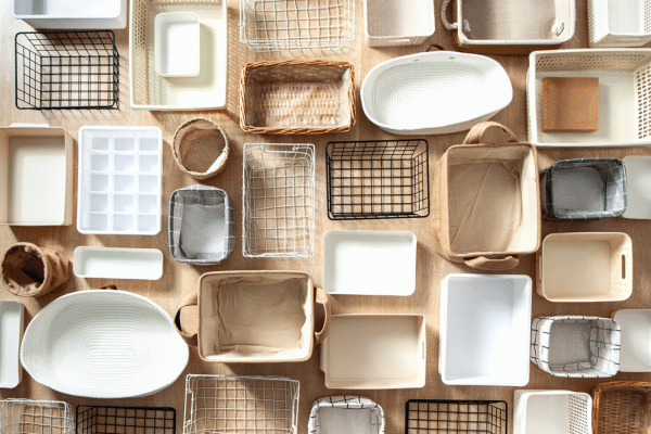 Empty baskets of all sizes for employing the Konmari Method