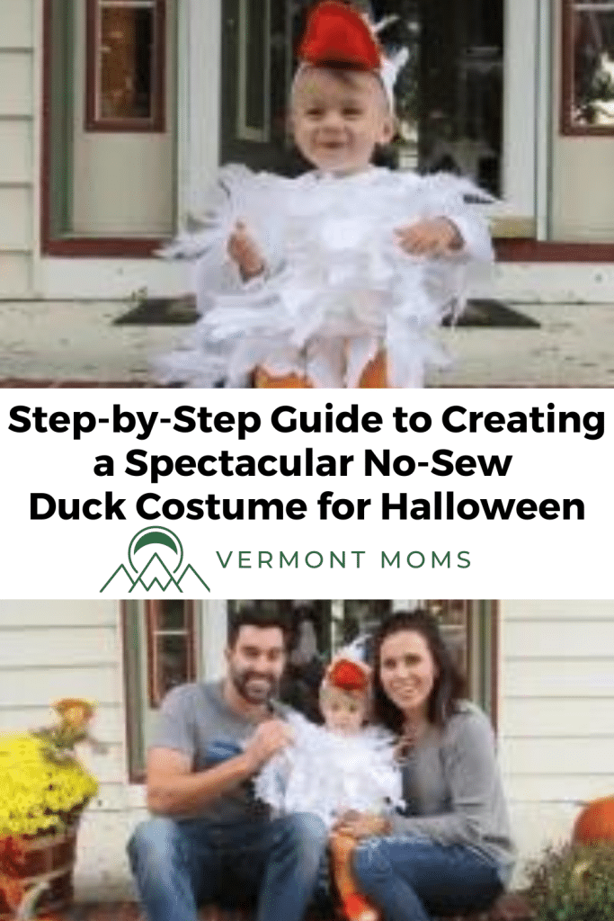 duck Halloween costume on a young child sitting on a front stoop