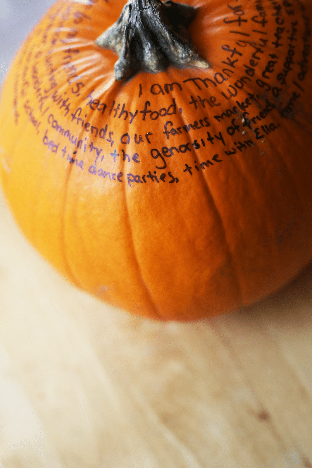 Pumpkin with writing on it showing what the author and her family are grateful for.