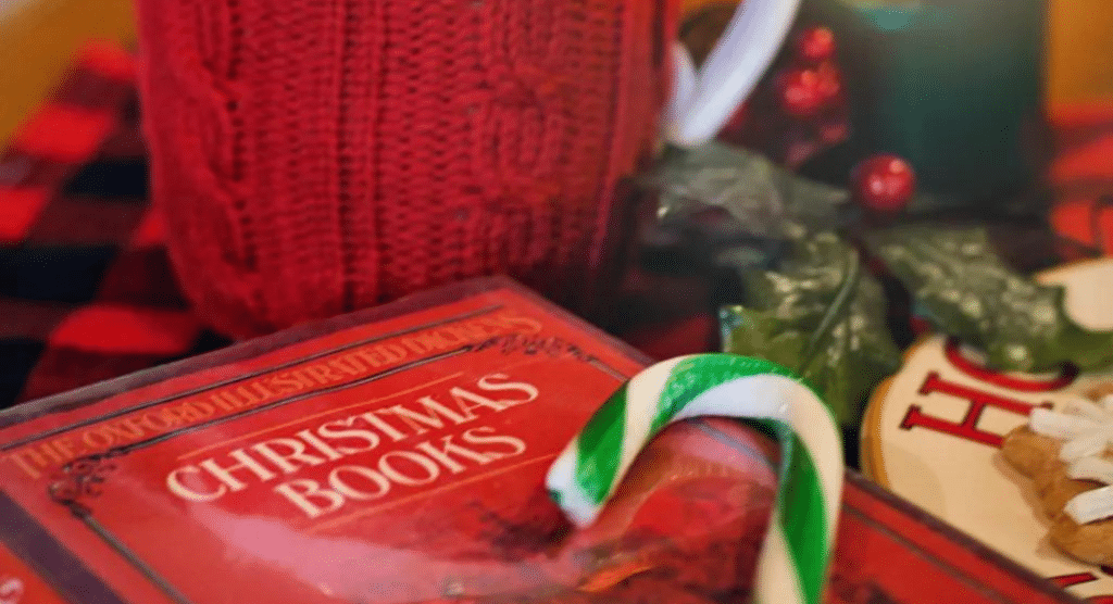A children's christmas book with a candy cane and a mug.