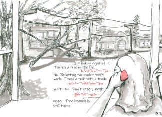 Don’t Ask Me to Reboot the Modem: Dehumanizing Systems that Ignore Human Needs Tree fallen over a power line with someone on the phone looking at it