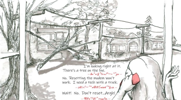 Don’t Ask Me to Reboot the Modem: Dehumanizing Systems that Ignore Human Needs Tree fallen over a power line with someone on the phone looking at it