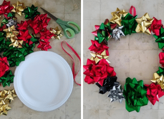 Simple & Festive Kids’ Christmas Bow Wreaths Two photos side by side. The supplies needed for the Christmas wreath craft and the finished craft.