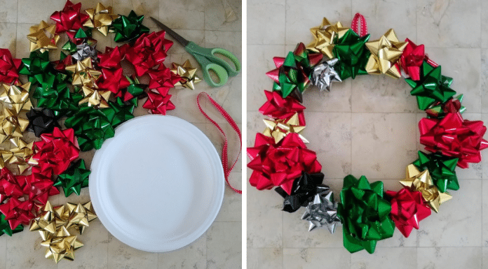 Simple & Festive Kids’ Christmas Bow Wreaths Two photos side by side. The supplies needed for the Christmas wreath craft and the finished craft.