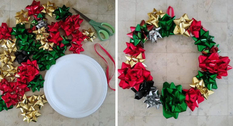 Two photos side by side. The supplies needed for the Christmas wreath craft and the finished craft.