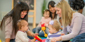 Where to Find Indoor Toddler Activities Within 30 Minutes of Burlington Two moms playing with their toddlers at a play group.