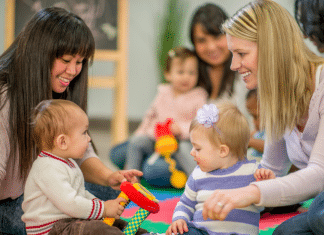 Where to Find Indoor Toddler Activities Within 30 Minutes of Burlington Two moms playing with their toddlers at a play group.