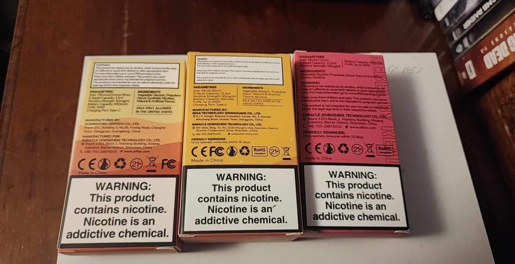 warning on the back of flavored tobacco liquid for vaping