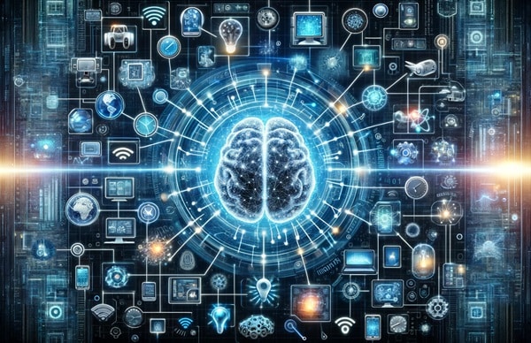 AI created image showing that AI is the center of today's digital world controlling the Internet of Things (IoT) around us.