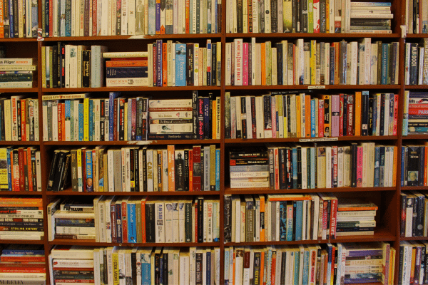 stacks of books like in a college library