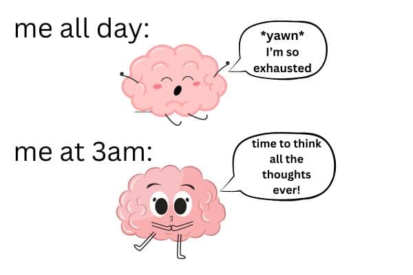 comic of a sleepy brain all day and a wide-awake brain at 3 am.
